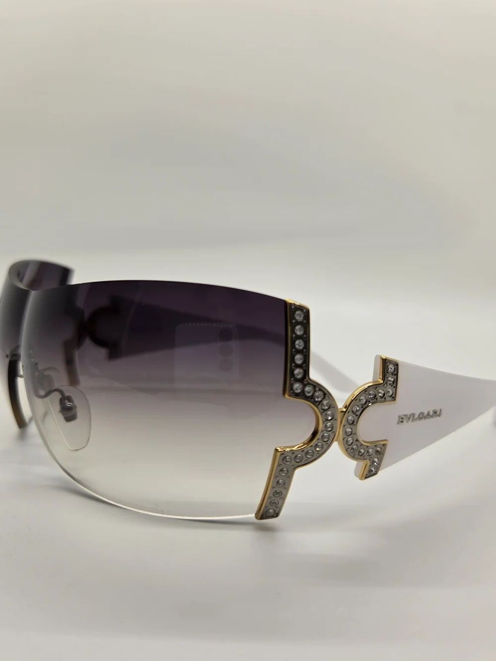 Bvlgari White and Gold, Swarvoski Crystal-Embellished Shield Sunglasses, Vintage